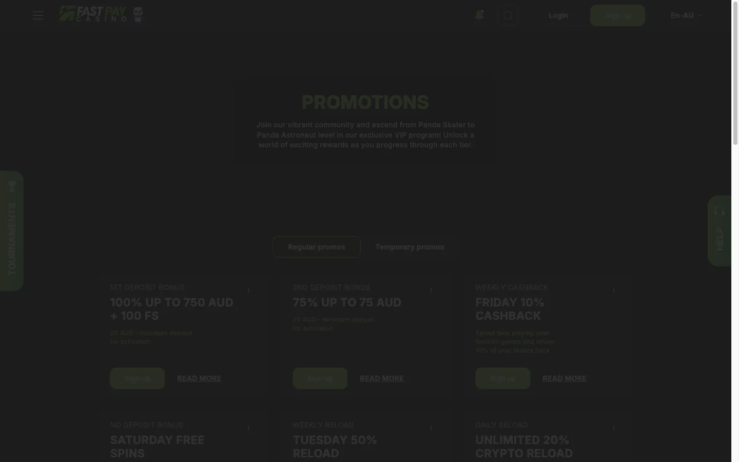 FastPay Casino promotions page showing the A$750 welcome bonus for Australian players