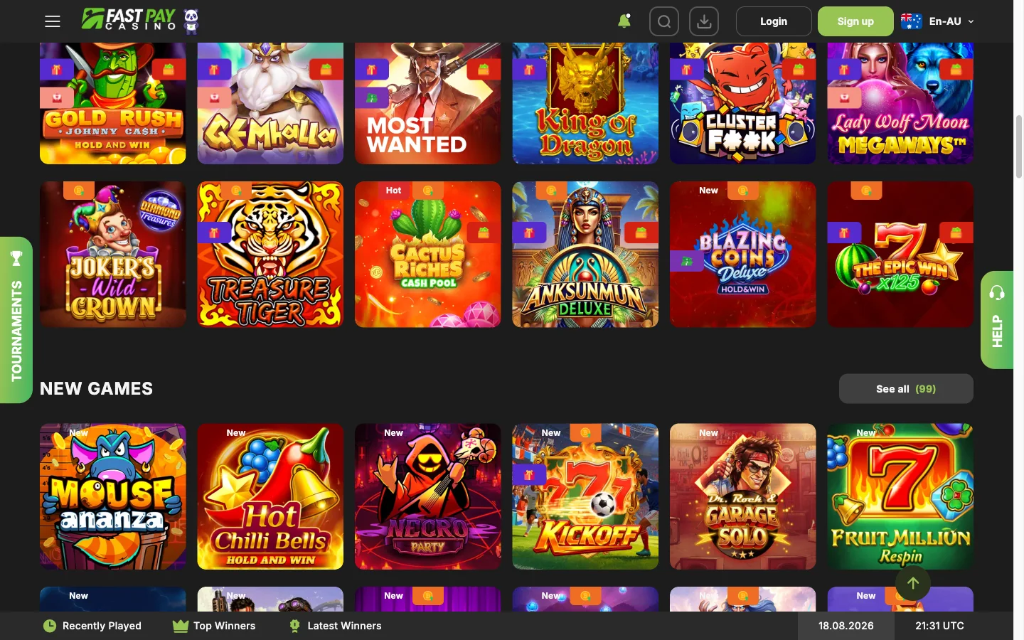 FastPay Casino pokies grid where free spins are played, Popular Games and New Games shelves